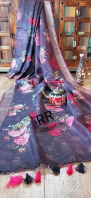 Pure Silk Linen Floral Sarees With Blouse 32 (22)