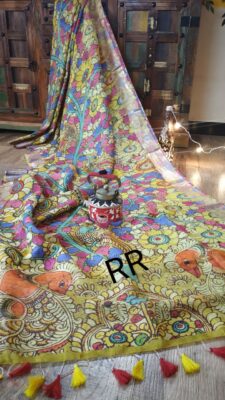 Pure Silk Linen Floral Sarees With Blouse (6)