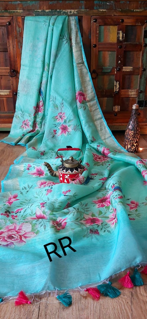 Pure Silk Linen Sarees With Beautiful Prints | siri designers