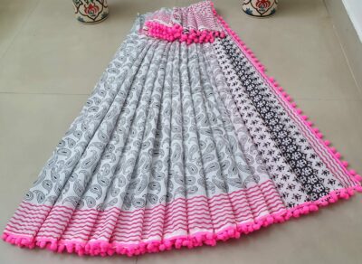 Pure Cotton Pompom Sarees With Blouse (15)