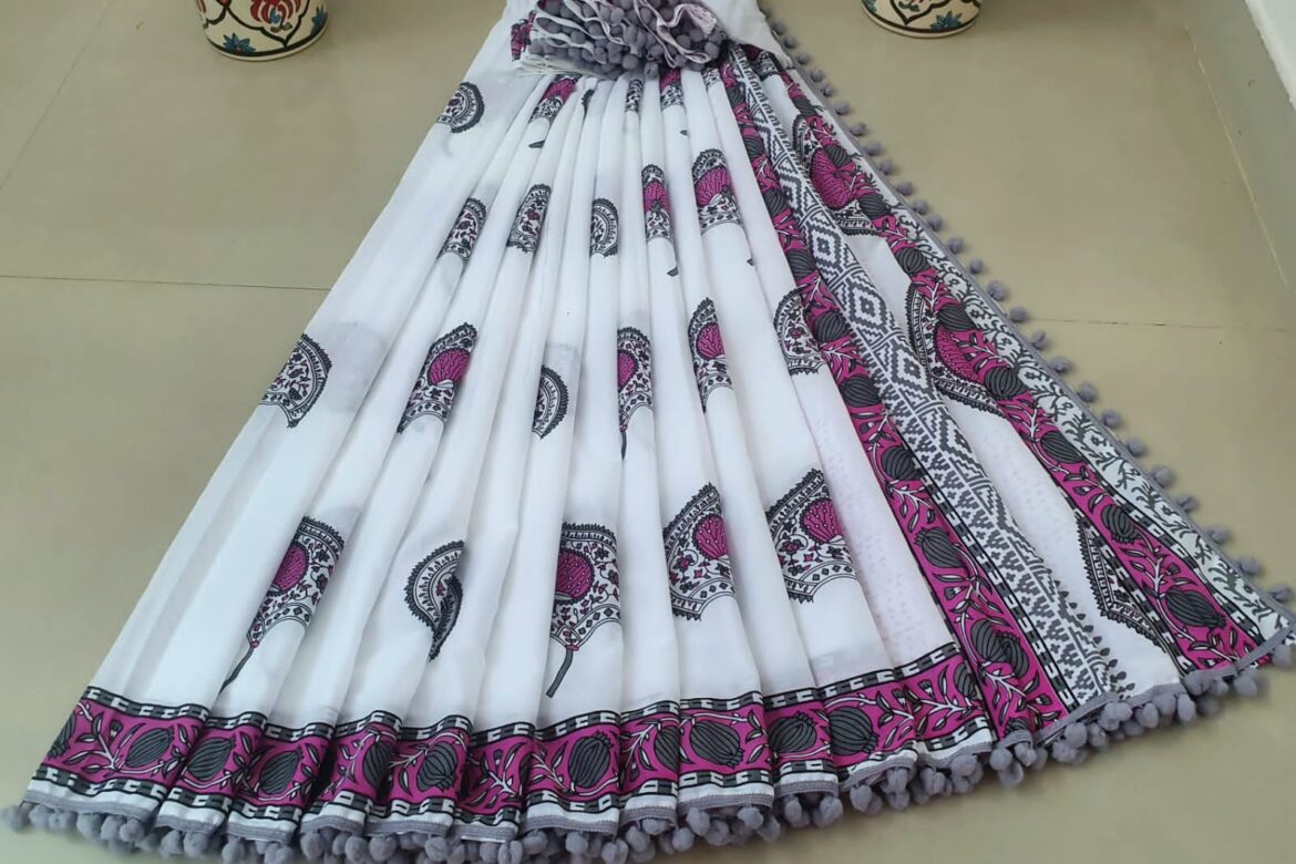 Pure Cotton Pompom Sarees With Blouse (19)