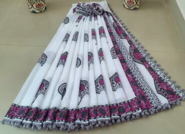 Pure Cotton Pompom Sarees With Blouse (19)