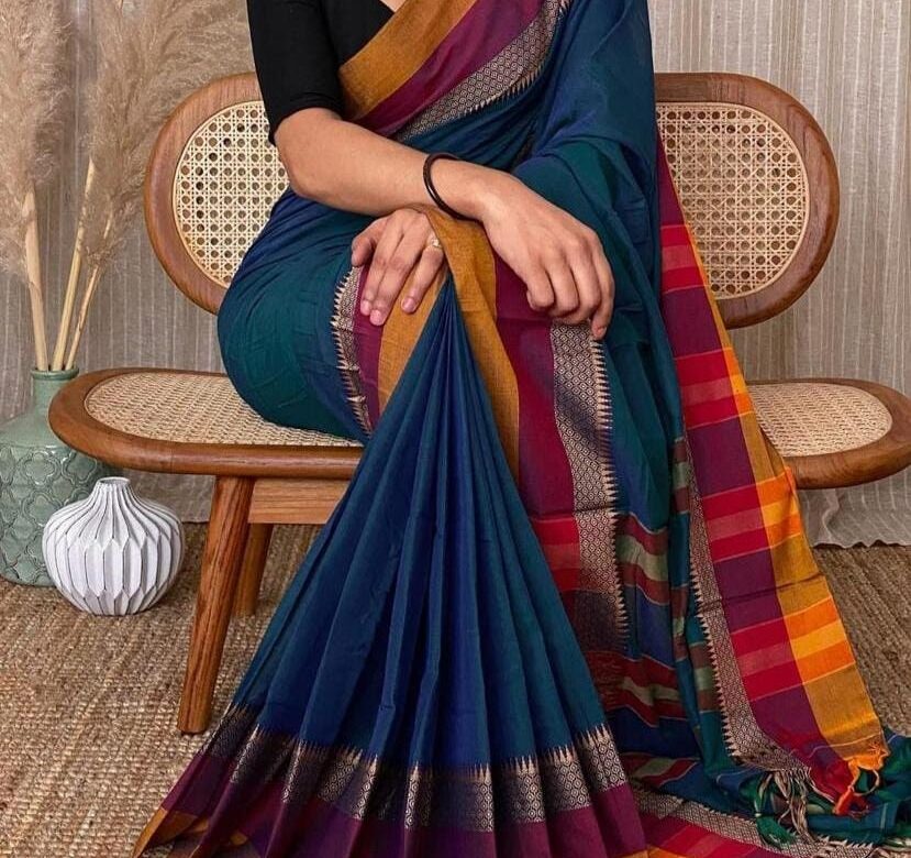 Wild Pink Blue and Orange Cotton Saree with Leheriya Print – MySilkLove