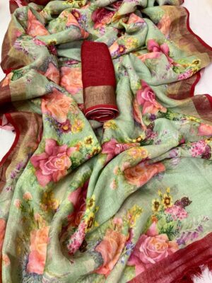 Pure Linen Printed Sarees With Blouse (1)