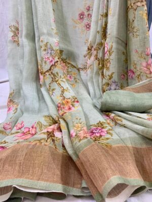 Pure Linen Printed Sarees With Blouse (17)