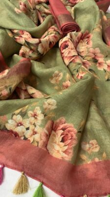 Pure Linen Printed Sarees With Blouse (2)
