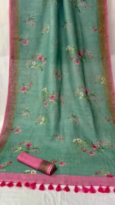 Pure Linen Printed Sarees With Blouse (22)