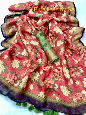 Pure Linen Printed Sarees With Blouse (23)