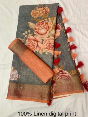 Pure Linen Printed Sarees With Blouse (26)