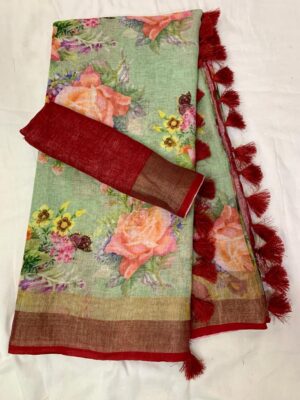 Pure Linen Printed Sarees With Blouse (28)