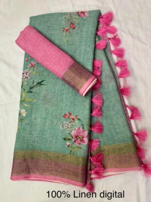 Pure Linen Printed Sarees With Blouse (29)