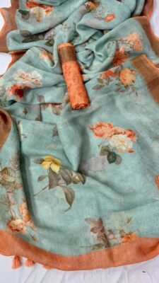 Pure Linen Printed Sarees With Blouse (3)