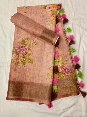 Pure Linen Printed Sarees With Blouse (30)