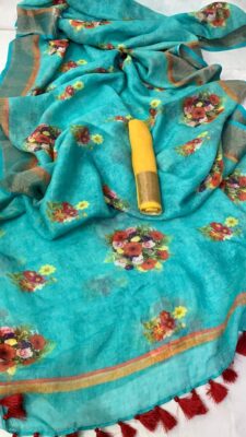 Pure Linen Printed Sarees With Blouse (32)
