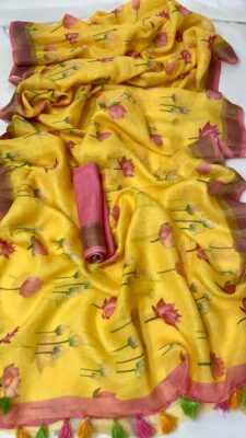 Pure Linen Printed Sarees With Blouse (6)