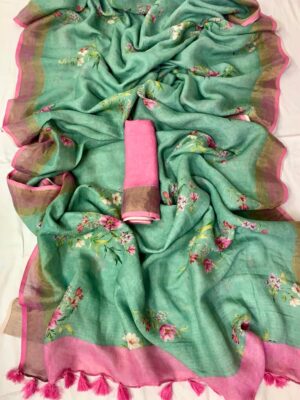 Pure Linen Printed Sarees With Blouse (7)
