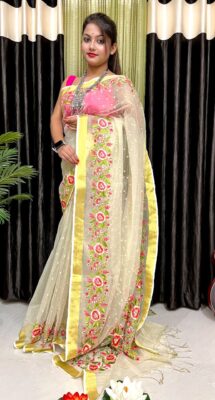 Muslin Embroidary Work Sarees With Blouse (4)