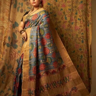 Pure Handloom Desi Tussar Silk Kalmakari Sarees (1)