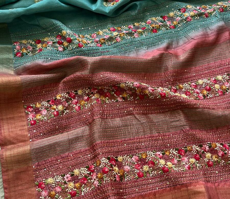 Linen Silk Sarees With Frenchknot Work (4)