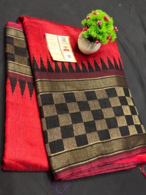 Pure Raw Silk Both Side Temple Border And Box Design With Blouse (14)