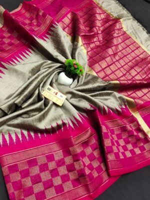 Pure Raw Silk Both Side Temple Border And Box Design With Blouse (18)