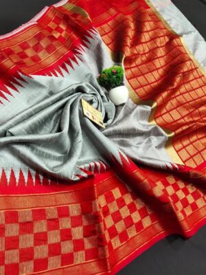 Pure Raw Silk Both Side Temple Border And Box Design With Blouse (19)