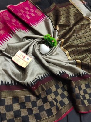 Pure Raw Silk Both Side Temple Border And Box Design With Blouse (2)