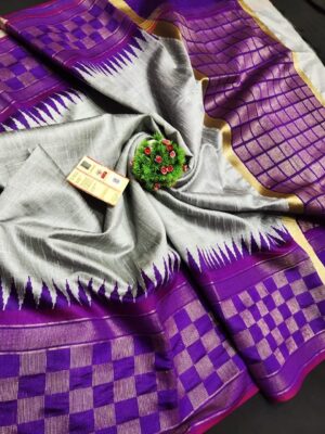 Pure Raw Silk Both Side Temple Border And Box Design With Blouse (4)