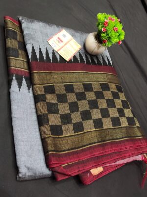 Pure Raw Silk Both Side Temple Border And Box Design With Blouse (6)