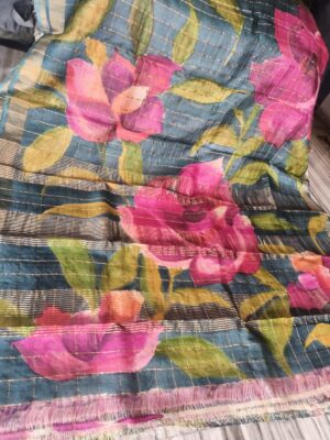Pure Tussar Silk With Checks And Floral Prints Sarees (4)