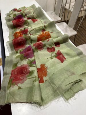 Fancy Linen Sarees With Floral P[rint (4)