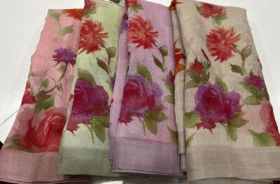 Fancy Linen Sarees With Floral P[rint (8)