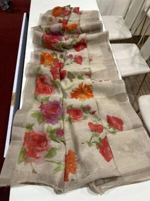 Fancy Linen Sarees With Floral P[rint (9)