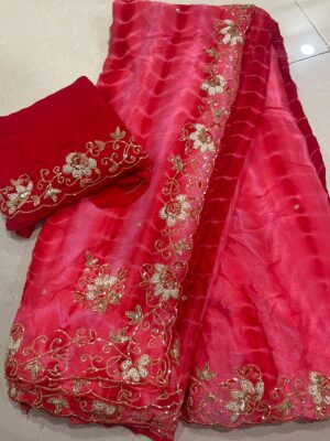 Pure Chinnon Handwork Sarees With Bouse (1)