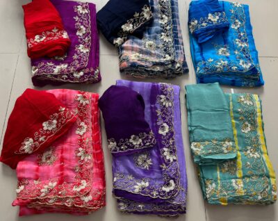 Pure Chinnon Handwork Sarees With Bouse (12)