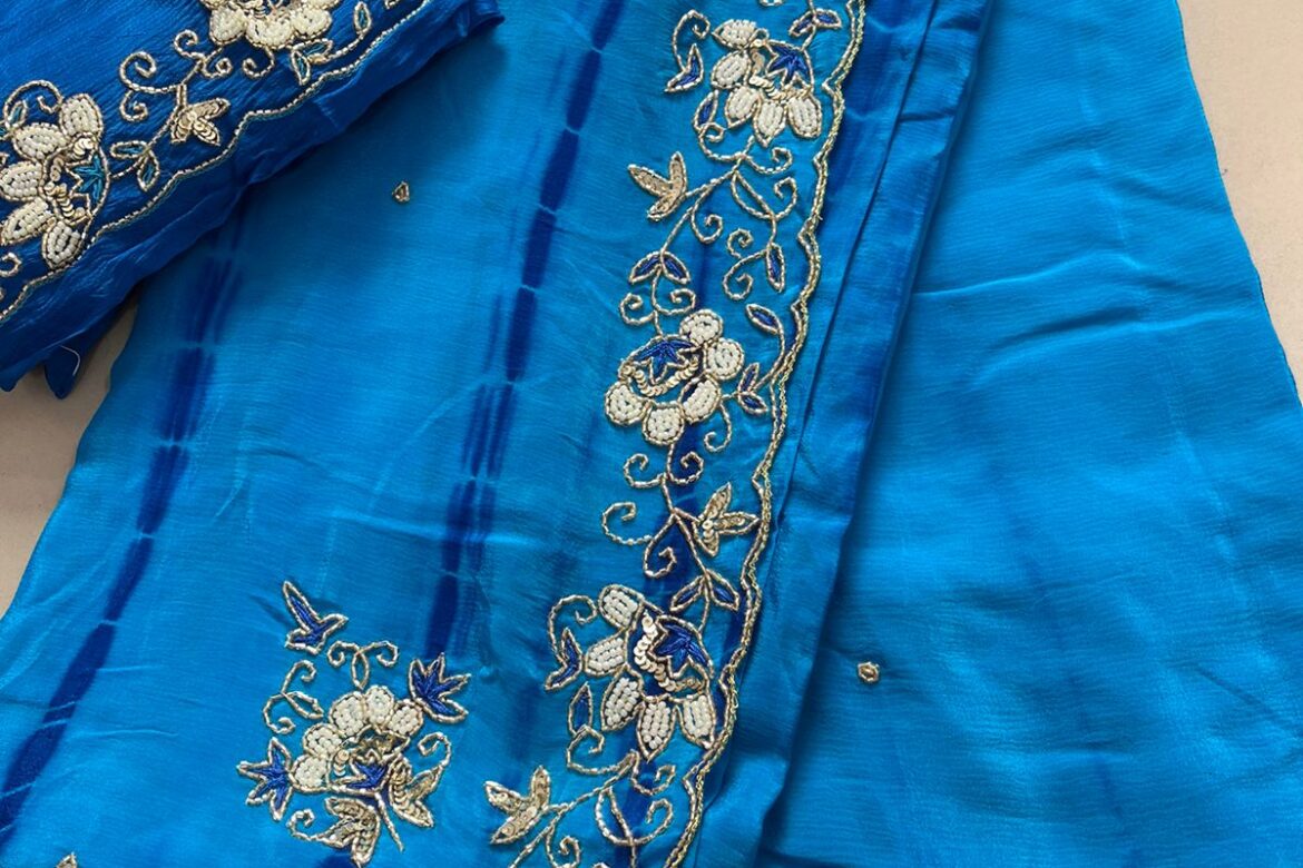 Pure Chinnon Handwork Sarees With Bouse (13)