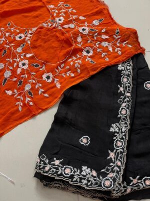 Pure Chinnon Handwork Sarees With Bouse (15)