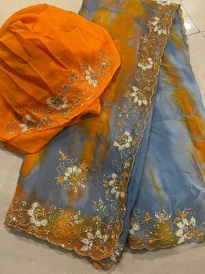 Pure Chinnon Handwork Sarees With Bouse (3)