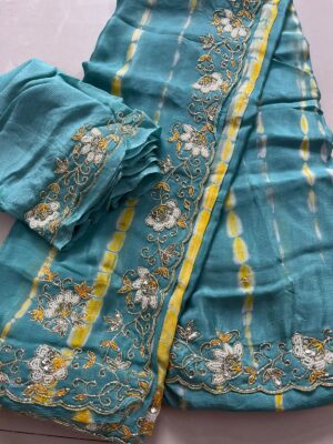 Pure Chinnon Handwork Sarees With Bouse (6)