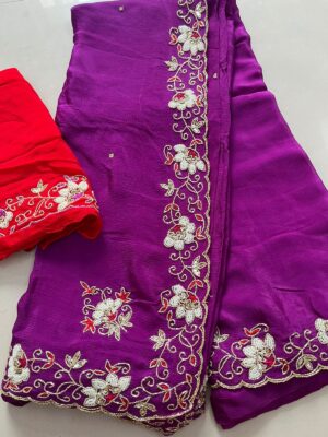 Pure Chinnon Handwork Sarees With Bouse (7)