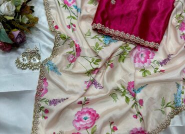 Beautiful New Chinnon Digital Printed Sarees With Contrast Blouyse (1)