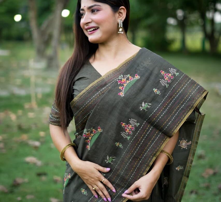 Premium Khadi Tussar Silk Kantha Work Sarees (11)