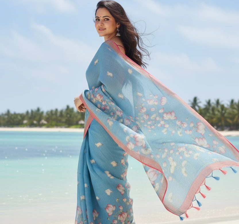 Pure Linen Sarees With Blouse (7)