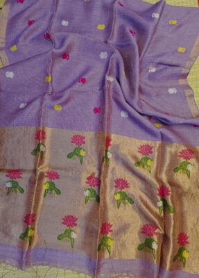 Pure Silk Linen Tissue Pallu With Paithani Jamdhani Work (1)