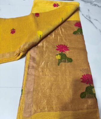 Pure Silk Linen Tissue Pallu With Paithani Jamdhani Work (11)