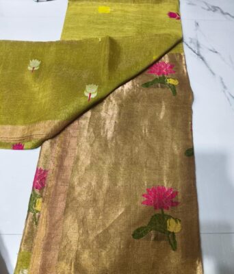 Pure Silk Linen Tissue Pallu With Paithani Jamdhani Work (13)