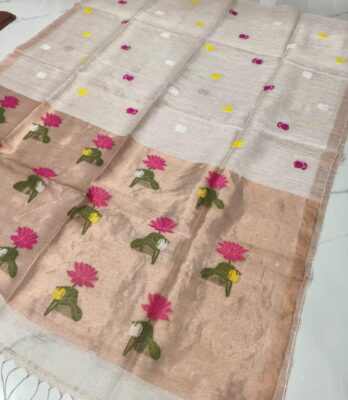 Pure Silk Linen Tissue Pallu With Paithani Jamdhani Work (15)