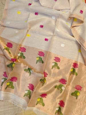 Pure Silk Linen Tissue Pallu With Paithani Jamdhani Work (4)