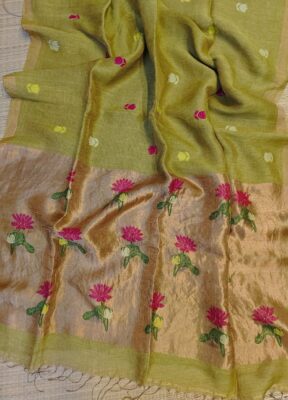 Pure Silk Linen Tissue Pallu With Paithani Jamdhani Work (5)