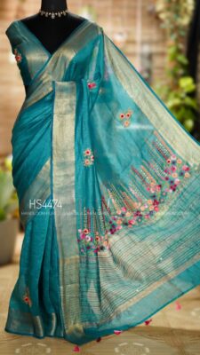 Pure Tussar By Linen Silk Hand Emnroidary Sarees (1)